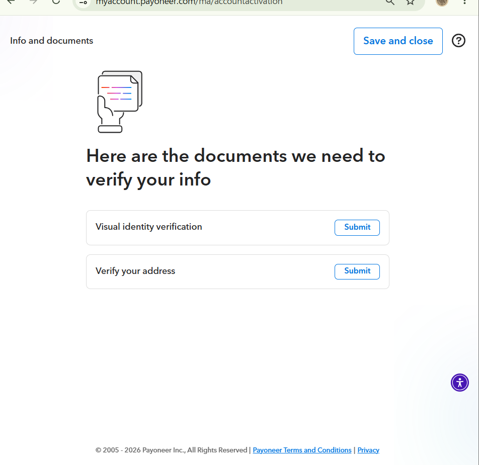 PayoneerでVisual identity verificationとVerify your addressが表示された本人確認画面
